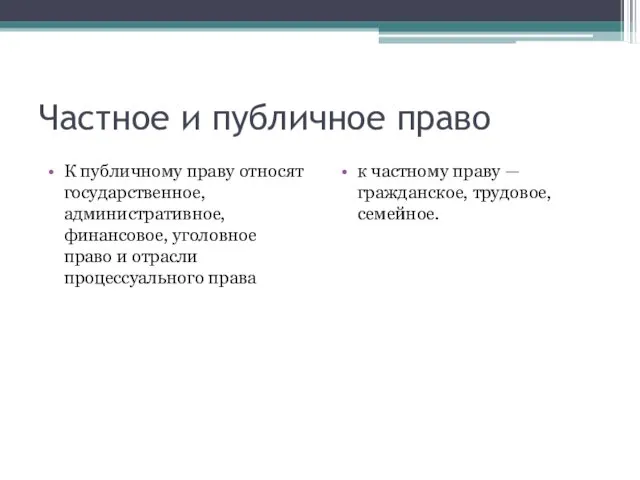 Частное и публичное право К публичному праву относят государственное, административное, финансовое,