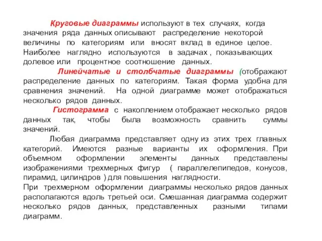 Круговые диаграммы используют в тех случаях, когда значения ряда данных описывают