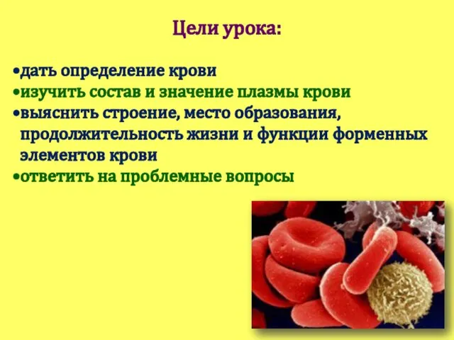 Цели урока: дать определение крови изучить состав и значение плазмы крови