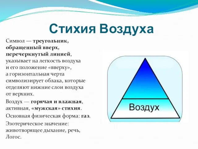 Стихия Воздуха Символ — треугольник, обращенный вверх, перечеркнутый линией, указывает на