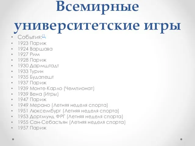 Всемирные университетские игры События:[1] 1923 Париж 1924 Варшава 1927 Рим 1928