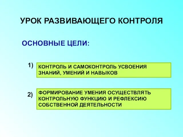 УРОК РАЗВИВАЮЩЕГО КОНТРОЛЯ ОСНОВНЫЕ ЦЕЛИ: ФОРМИРОВАНИЕ УМЕНИЯ ОСУЩЕСТВЛЯТЬ КОНТРОЛЬНУЮ ФУНКЦИЮ И