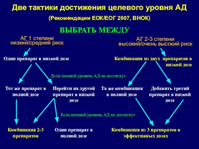 Две тактики достижения целевого уровня АД (Рекомендации ЕОК/ЕОГ 2007, ВНОК) АГ