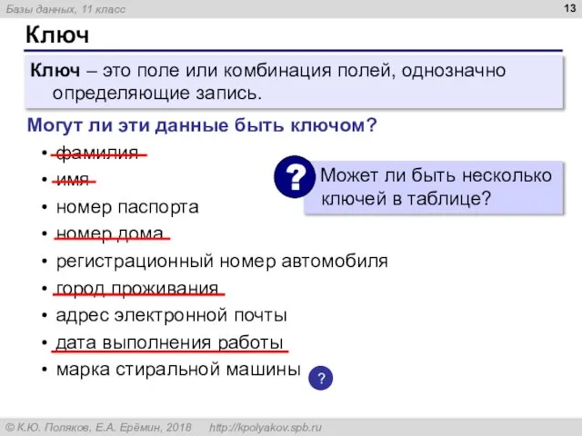 Ключ Ключ – это поле или комбинация полей, однозначно определяющие запись.