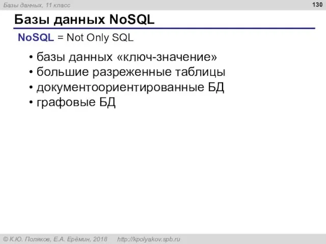 Базы данных NoSQL NoSQL = Not Only SQL базы данных «ключ-значение»