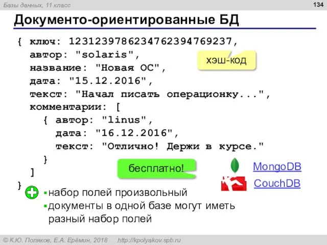 Документо-ориентированные БД { ключ: 1231239786234762394769237, автор: "solaris", название: "Новая ОС", дата: