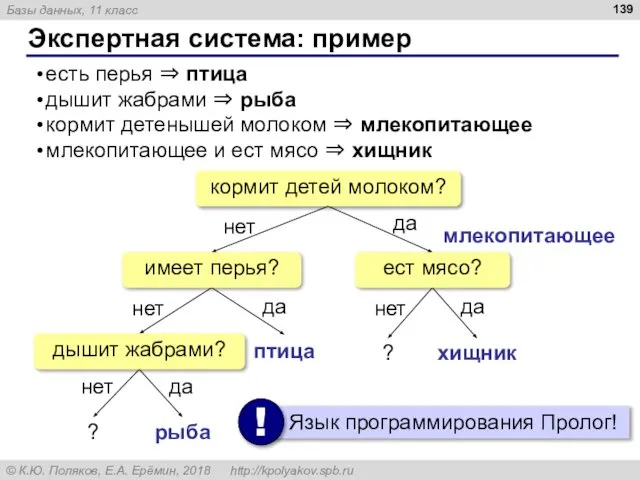 Экспертная система: пример есть перья ⇒ птица дышит жабрами ⇒ рыба