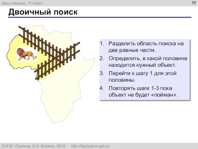 Двоичный поиск Разделить область поиска на две равные части. Определить, в