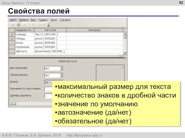 Свойства полей максимальный размер для текста количество знаков в дробной части