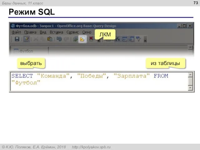 Режим SQL ЛКМ выбрать из таблицы