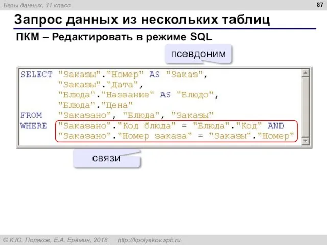 Запрос данных из нескольких таблиц ПКМ – Редактировать в режиме SQL псевдоним