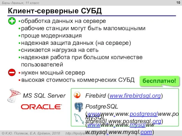 Клиент-серверные СУБД обработка данных на сервере рабочие станции могут быть маломощными