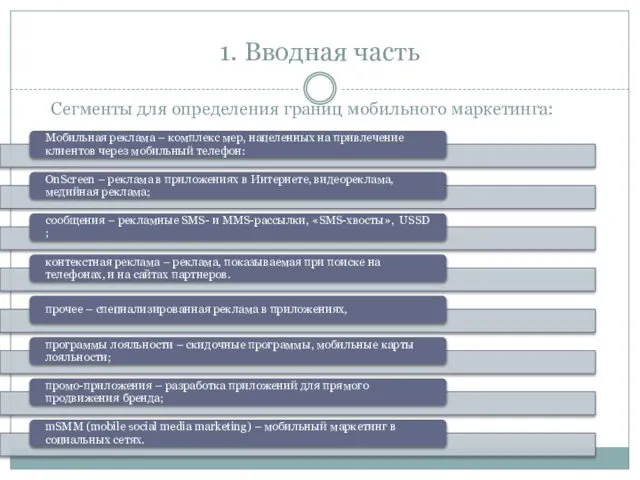 1. Вводная часть Сегменты для определения границ мобильного маркетинга: