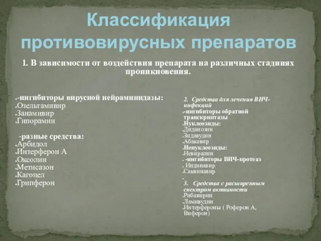 1. В зависимости от воздействия препарата на различных стадииях проникновения. Классификация