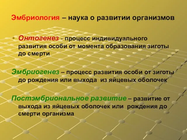 Эмбриология – наука о развитии организмов Онтогенез - процесс индивидуального развития