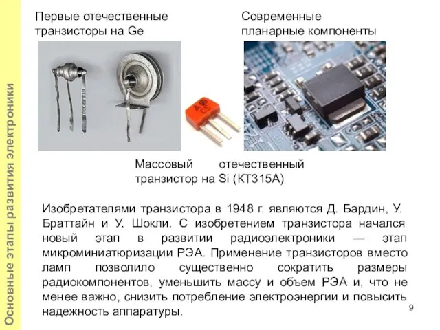 Основные этапы развития электроники Изобретателями транзистора в 1948 г. являются Д.