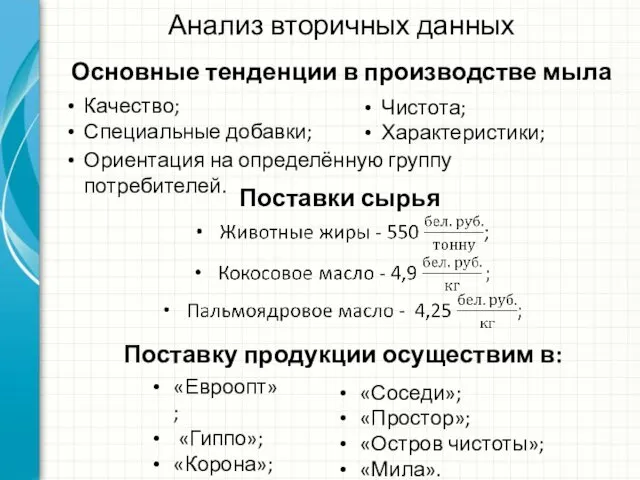 Анализ вторичных данных Основные тенденции в производстве мыла Качество; Специальные добавки;