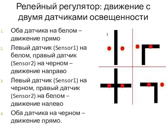 Релейный регулятор: движение с двумя датчиками освещенности Оба датчика на белом