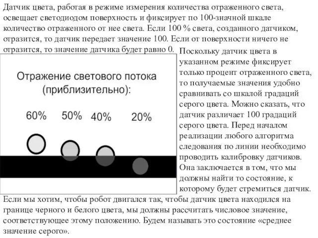 Датчик цвета, работая в режиме измерения количества отраженного света, освещает светодиодом