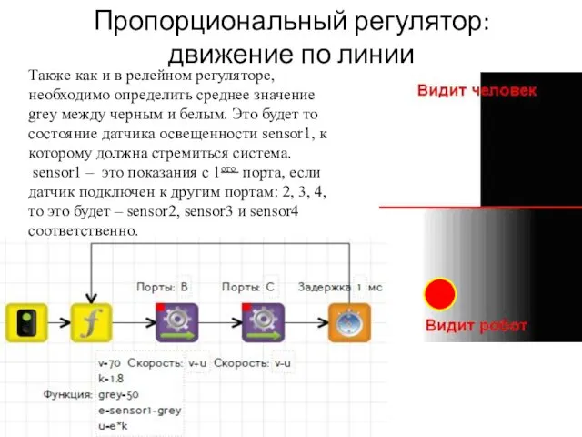 Пропорциональный регулятор: движение по линии Также как и в релейном регуляторе,