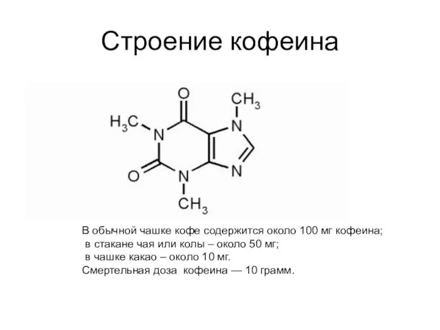 Строение кофеина В обычной чашке кофе содержится около 100 мг кофеина;