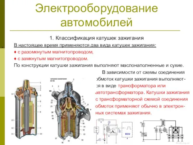 Электрооборудование автомобилей 1. Классификация катушек зажигания В настоящее время применяются два