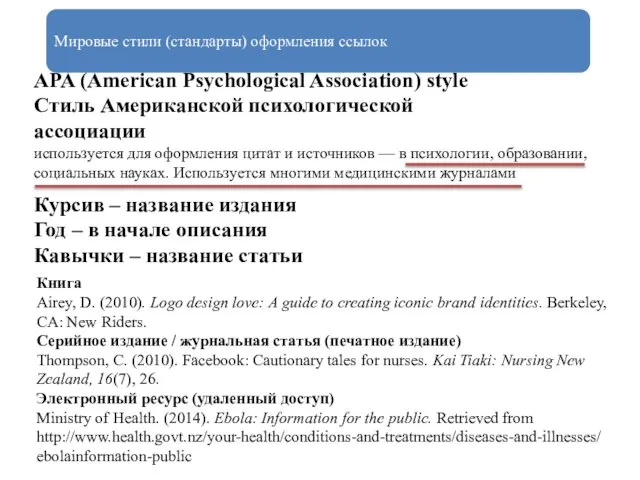 Мировые стили (стандарты) оформления ссылок APA (American Psychological Association) style Стиль