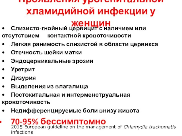 Проявления урогенитальной хламидийной инфекции у женщин • Слизисто-гнойный цервицит с наличием