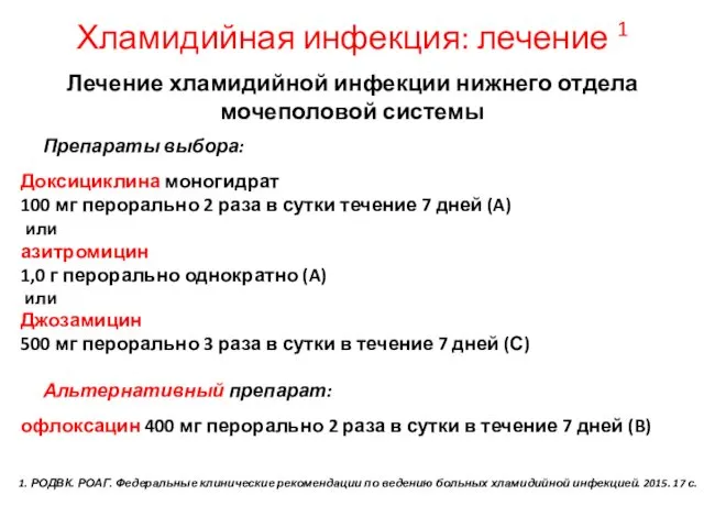 Лечение хламидийной инфекции нижнего отдела мочеполовой системы Препараты выбора: Доксициклина моногидрат