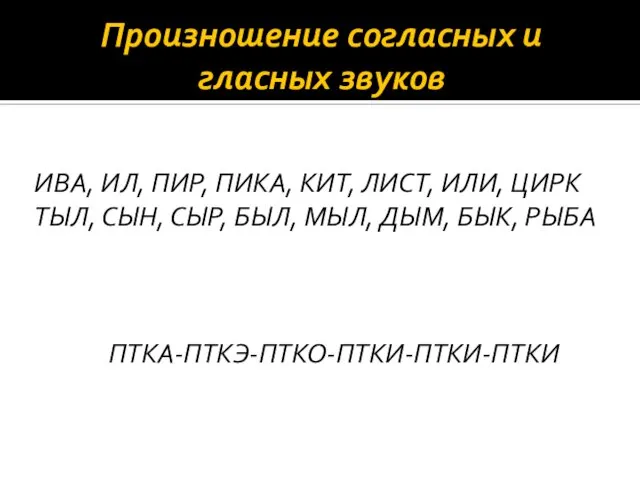 Произношение согласных и гласных звуков ИВА, ИЛ, ПИР, ПИКА, КИТ, ЛИСТ,