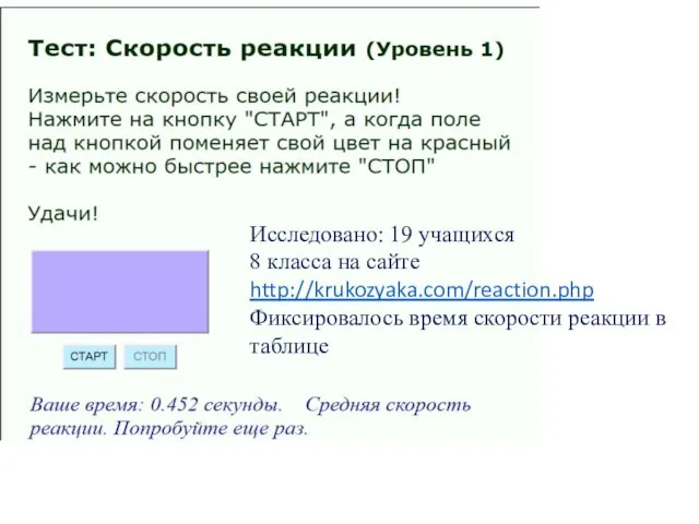 Исследовано: 19 учащихся 8 класса на сайте http://krukozyaka.com/reaction.php Фиксировалось время скорости реакции в таблице