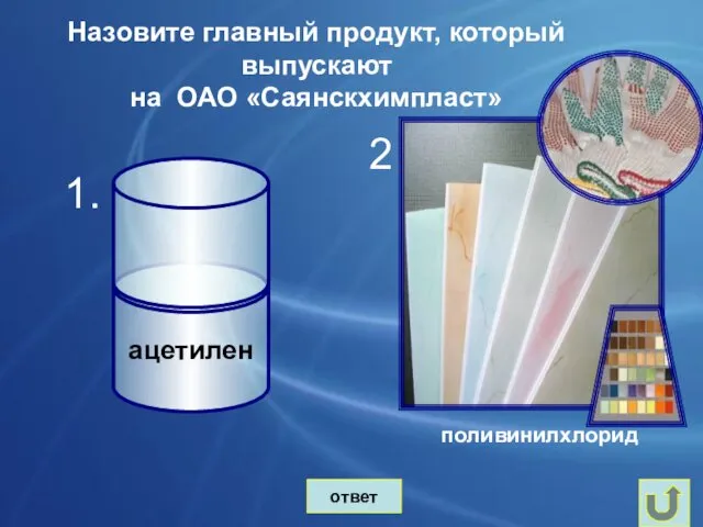 Назовите главный продукт, который выпускают на ОАО «Саянскхимпласт» поливинилхлорид 1. ответ 2