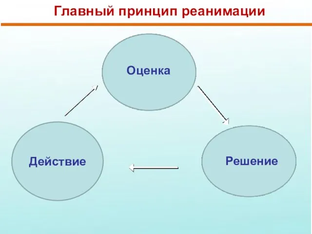 Главный принцип реанимации Действие Оценка Решение