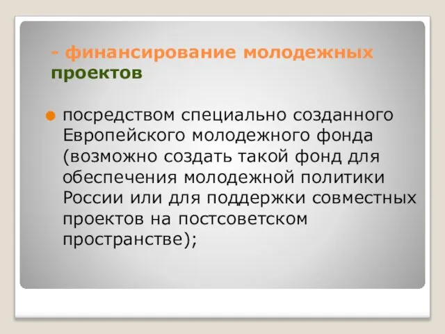 - финансирование молодежных проектов посредством специально созданного Европейского молодежного фонда (возможно