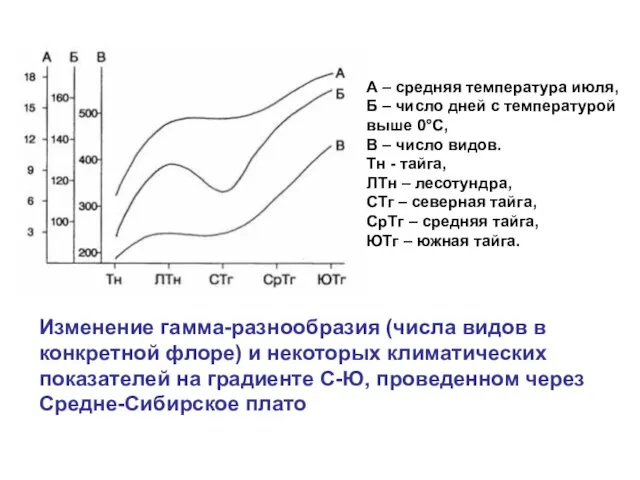 Изменение гамма-разнообразия (числа видов в конкретной флоре) и некоторых климатических показателей