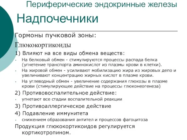 Периферические эндокринные железы Гормоны пучковой зоны: Глюкокортикоиды 1) Влияют на все