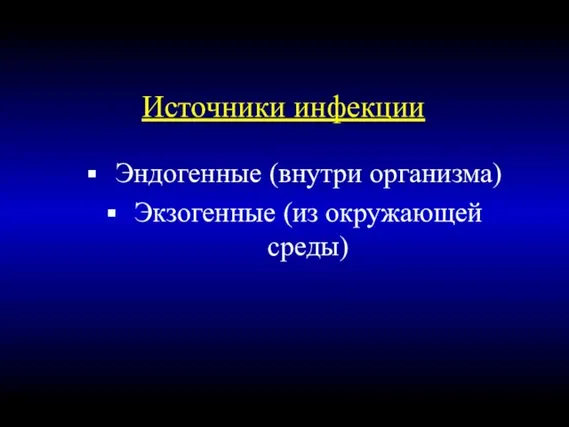 Источники инфекции Эндогенные (внутри организма) Экзогенные (из окружающей среды)