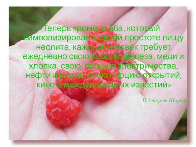 «Теперь кроме хлеба, который символизировал в своей простоте пищу неолита, каждый