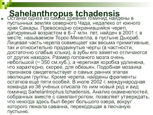 Sahelanthropus tchadensis Останки одной из самых древних гоминид найдены в пустынных