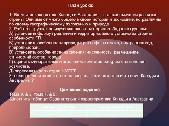 План урока: 1- Вступительное слово. Канада и Австралия – это экономически