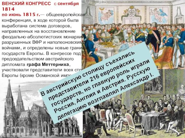 ВЕНСКИЙ КОНГРЕСС с сентября 1814 по июнь 1815 г.— общеевропейская конференция,