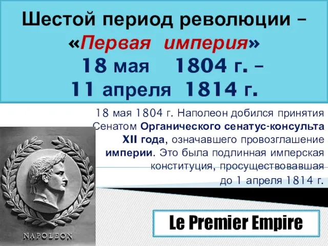 Шестой период революции – «Первая империя» 18 мая 1804 г. –