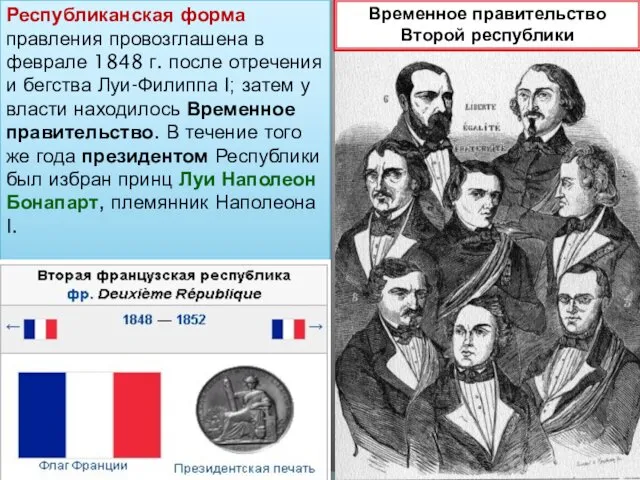 Республиканская форма правления провозглашена в феврале 1848 г. после отречения и