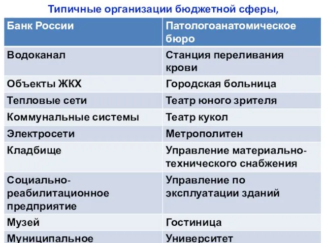 Типичные организации бюджетной сферы, эксплуатирующие ОО