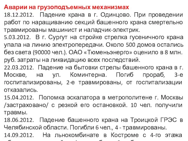 Аварии на грузоподъемных механизмах 18.12.2012. Падение крана в г. Одинцово. При