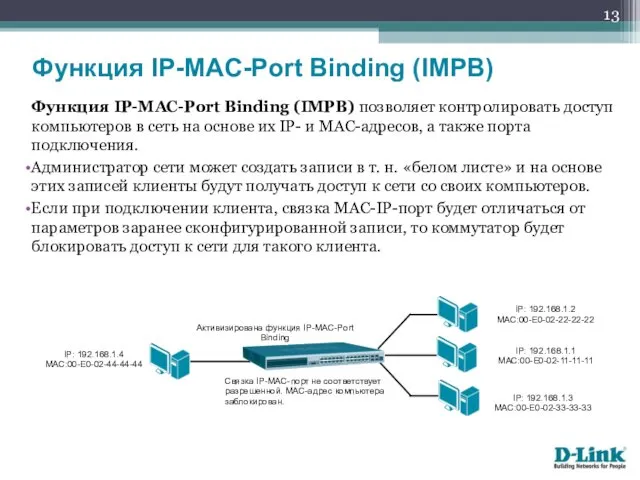 Функция IP-MAC-Port Binding (IMPB) позволяет контролировать доступ компьютеров в сеть на