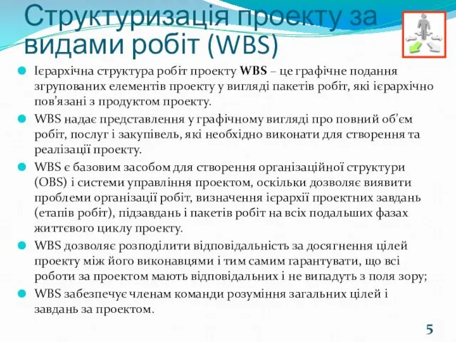 Структуризація проекту за видами робіт (WBS) Ієрархічна структура робіт проекту WBS