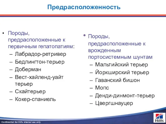 Предрасположенность Породы, предрасположенные к первичным гепатопатиям: Лабрадор-ретривер Бедлингтон-терьер Доберман Вест-хайленд-уайт терьер