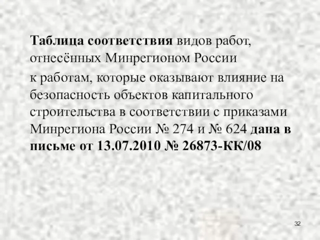 Таблица соответствия видов работ, отнесённых Минрегионом России к работам, которые оказывают