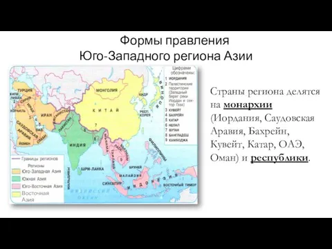 Формы правления Юго-Западного региона Азии Страны региона делятся на монархии (Иордания,